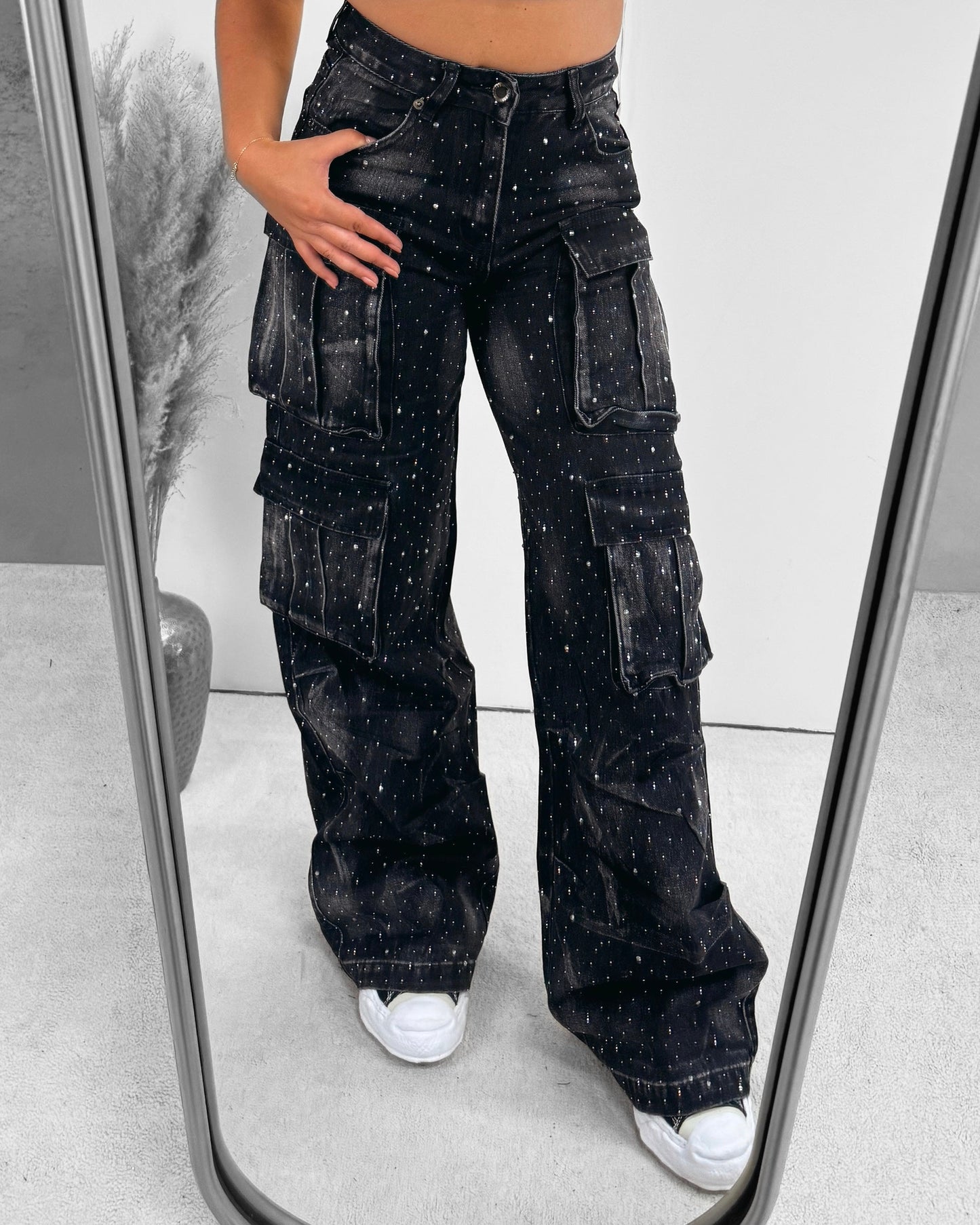Glitter cargo jeans washed black