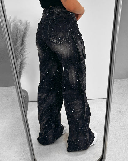 Glitter cargo jeans washed black