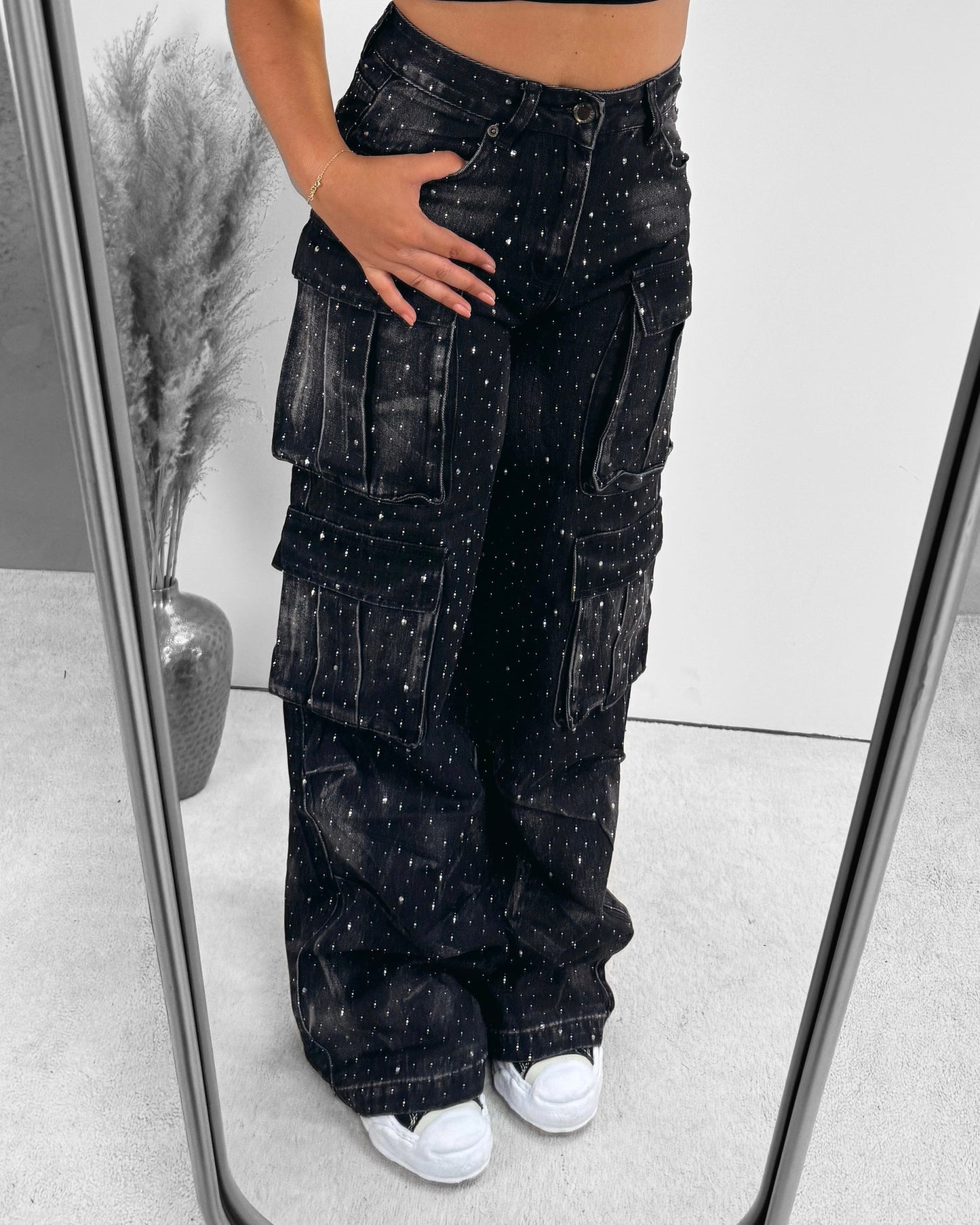 Glitter cargo jeans washed black