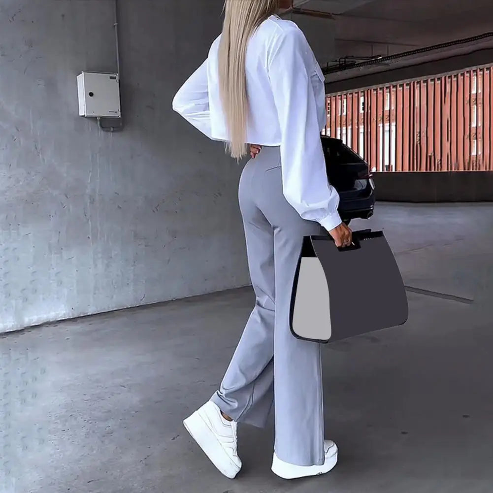 Dames Tweedelige Set | Hoge Taille Broek en Longsleeve Shirt