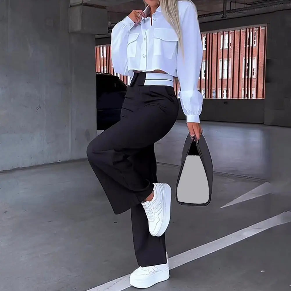 Dames Tweedelige Set | Hoge Taille Broek en Longsleeve Shirt