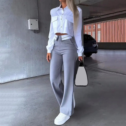 Dames Tweedelige Set | Hoge Taille Broek en Longsleeve Shirt